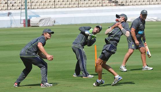 Australian cricket team at a practice session before the second cricket Test match in Hyderabad on March 1, 2013.