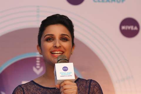 Parineeti Chopra poses during the launch of Nivea’s Total Face Cleanup