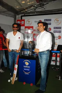Suniel Shetty and Harsha Bhogle with Broadcast 92.7 Big FM during a unveiling the ‘International Cricket Council (ICC) Champions Trophy 2013’