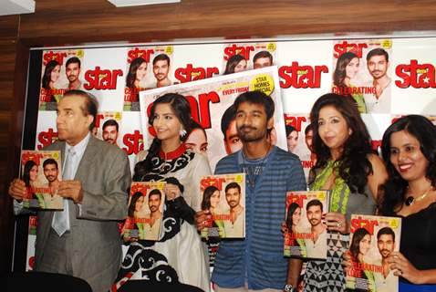 Sonam, Dhanush and Krishika at the launch of Magna Star Week's latest issue