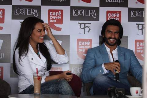 Sonakshi Sinha & Ranveer Singh gesture during the promotion of film Lootera