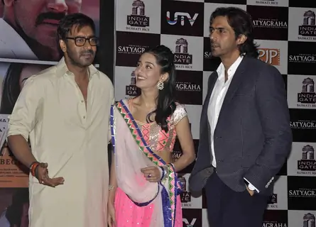 Ajay Devgn, Amrita Rao and Arjun Rampal at Satyagraha movie team during the promotion