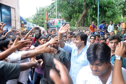 Fans welcome the Grand Masti team at Gaeity Galaxy Cinema Halls