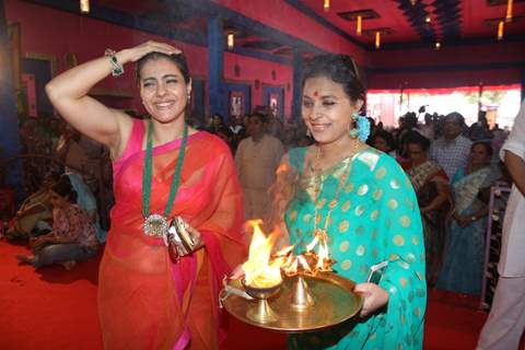 Sharbani Mukherjee and Kajol at the Durga Pooja celebrations