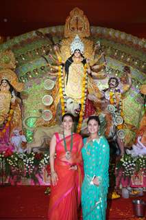 Sharbani Mukherjee and Kajol at the Durga Pooja celebrations