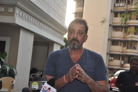 Sanjay Dutt addresses the press after coming out in parole