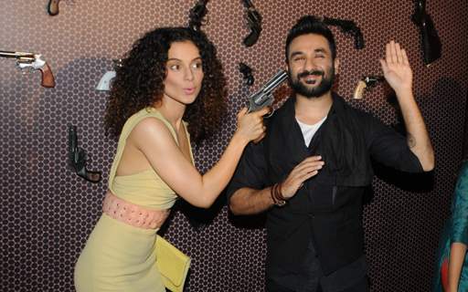 kangana keeps Vir at gunpoint at Revolver Rani's Press Conference