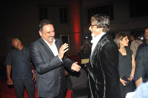 Big B shares a joke with Boman Irani at the Bhoothnath Returns success party