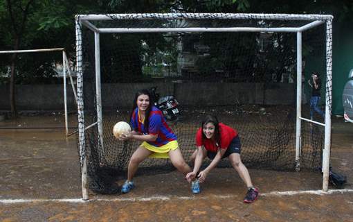 Rakhi Sawant saves a goal at the match