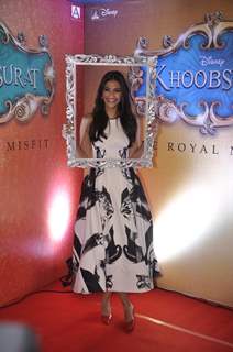 Sonam Kapoor poses through a frame at the Trailer Launch of Khoobsurat