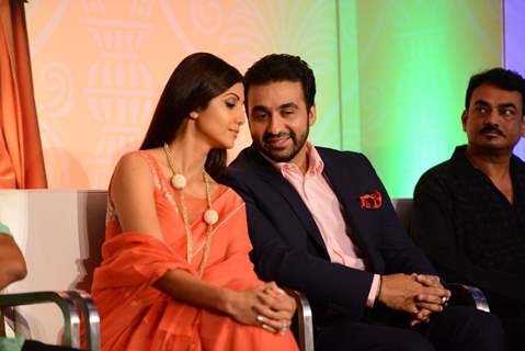 Shilpa Shetty and Raj Kundra were seen whispering t each other at the Launch of Goa Wedding Fest