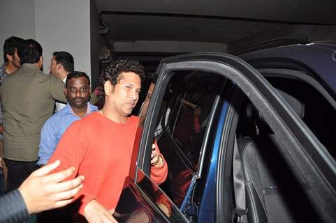 Sachin Tendulkar seen existing from the Special Screening of Lai Bhaari