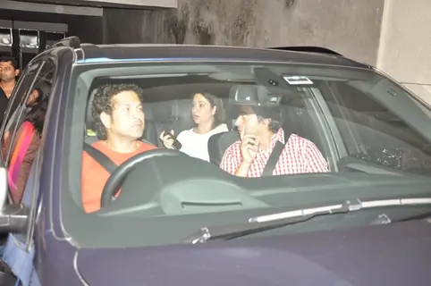 Sachin Tendulkar seen existing from the Special Screening of Lai Bhaari