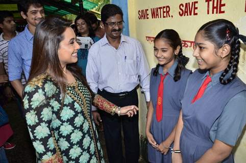 Rani Mukherjee interactes with school girls at the Promotion of Mardaani at a Local School