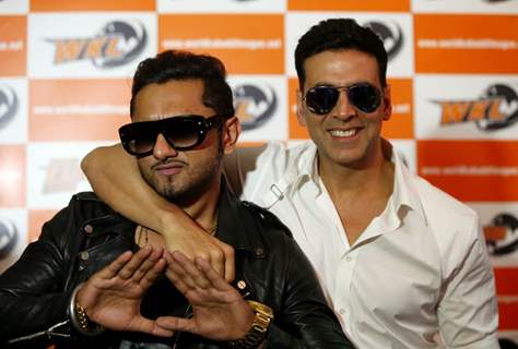 Akshay Kumar and Honey Singh pose for the media at the Launch of World kabaddi League in London