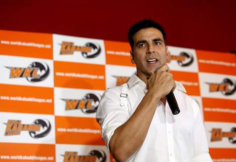 Akshay Kumar addresses the media at the Launch of World Kabaddi League in London