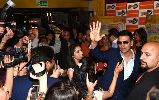 Akshay Kumar waves to the media at the Launch of World Kabaddi League in London