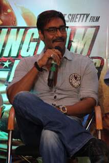 Ajay Devgn addresses the audience at the Promotions of Marathi Film Rege