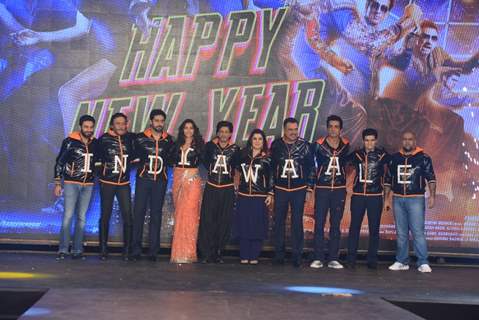 The Cast of Happy New Year pose wearing jackets of India at the Trailer Launch