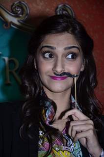 Sonam Kapoor gives an animated expression at the Promotions of Khoobsurat at Mithibai College