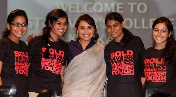 Rani Mukherjee poses with girls at the Promotion of Mardaani