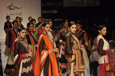 Models showcase designs by Ekru at the Lakme Fashion Week Winter/ Festive 2014 Day 4