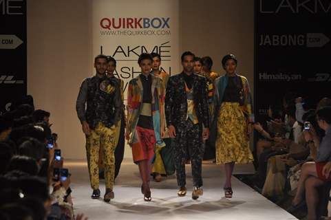 Models showcase designs by Quirk Box at the Lakme Fashion Week Winter/ Festive 2014 Day 4