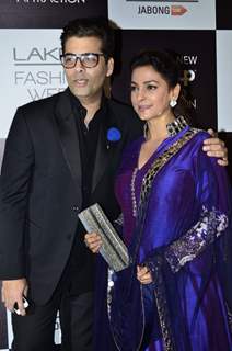 Juhi Chawla and Karan Johar were seen at the Lakme Fashion Week Winter/ Festive 2014 Day 6