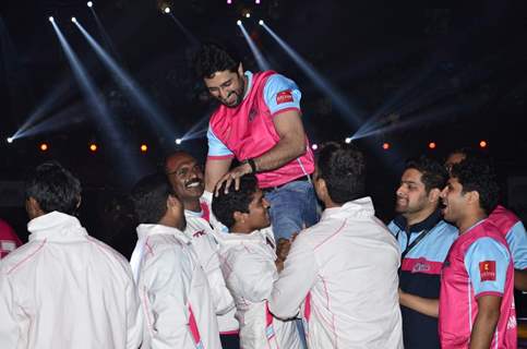 Abhishek Bachchan celebrates his win at the Pro Kabbadi League Semi Finals