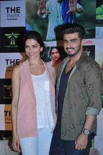 Arjun Kapoor and Deepika Padukone pose for the media at the Press Meet of Finding Fanny in Hyderabad