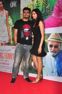 Arjun Kapoor and Deepika Padukone pose for the media at the Special Screening for Finding Fanny