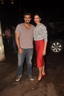 Arjun Kapoor and Deepika Padukone pose for the media at the Screening for Finding Fanny
