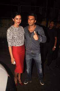 Ranveer Singh and Deepika Padukone pose for the media at the Screening of Finding Fanny