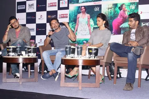 Homi Adajania addressing the audience at the Promotions of Finding Fanny in Delhi