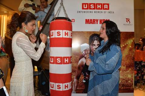 Priyanka teaches some boxing moves at the Promotions of Mary Kom at Usha World