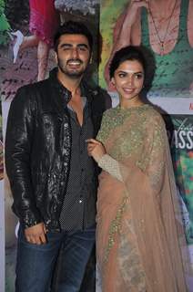 Arjun Kapoor and Deepika Padukone pose for the media at the Success Bash of Finding Fanny