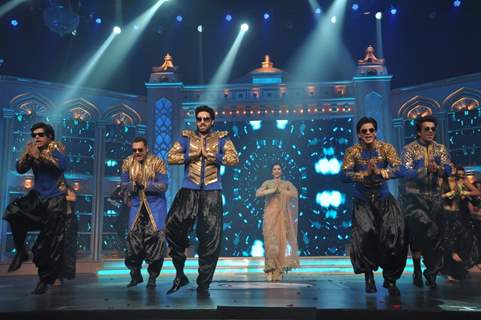 Cast of Happy New Year performing at the Music Launch