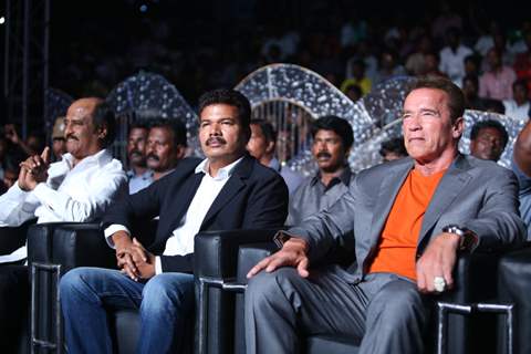 Rajnikhanth and Arnold Schwarzenegger spotted at the Audio Launch of the Movie &quot;I&quot;