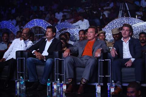 Rajnikhanth and Arnold Schwarzenegger spotted at the Audio Launch of the Movie &quot;I&quot;