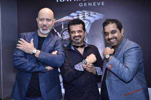 Shankar, Ehsaan and Loy pose with watches at the Launch of Raymond Weil Store