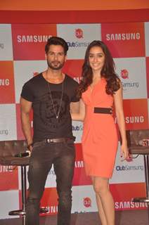 Shraddha Kapoor and Shahid Kapoor pose for the media at the Promotion of Haider