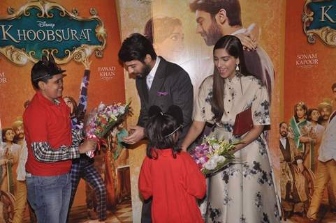 Sonam Kapoor and Fawad Khan felicitated with flower boquet at the Special Screening of Khoobsurat