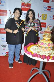 Falguni Pathak and Amy Billimoria poses for the media at Big FM Studio
