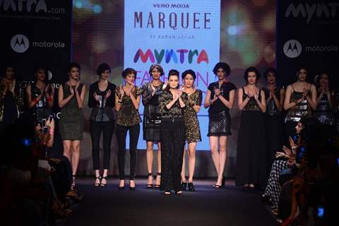 Dia Mirza walks the ramp for karan Johar at the Myntra Fashion Week Day 1