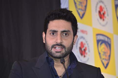 Abhishek Bachchan addressing the audience at the ISL Chennai FC team launch