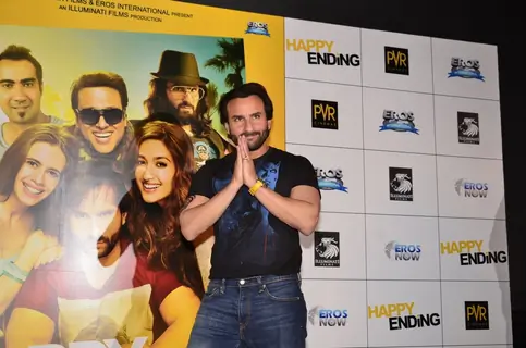 Saif Ali Khan greets the audience at the Trailer Launch of Happy Ending