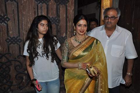 Sridevi Kapoor, Boney Kapoor and Khushi Kapoor pose for the media at Karva Chauth Celebrations