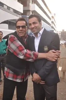 Dharmendra Singh Deol poses with a friend at the Music Launch of Badlapur Boys