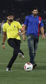 Harbhajan Singh and Aditya play some football at the Opening Ceremony of the Indian Super League