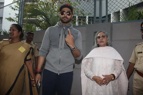 Abhishek Bachchan and Jaya Bachchan snapped outside their polling booth